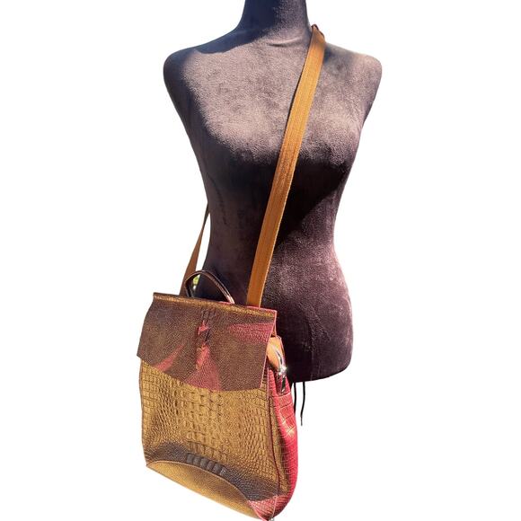 Embossed Leather Flap Backpack Cross Body Bag Purse Burgundy Gold Metallic main image 5